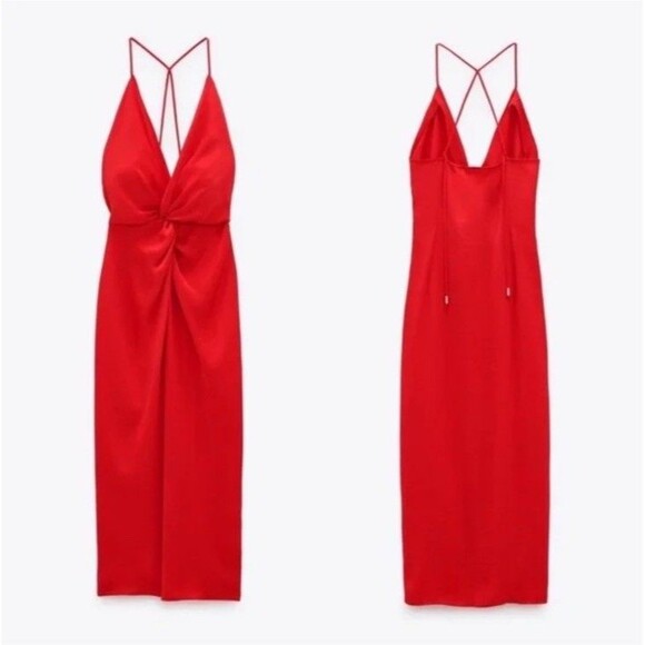 Zara Spain Red Satin Lingerie Slip Midi Dress Knotted Blogger Favorite NWT Sz M - Picture 3 of 11